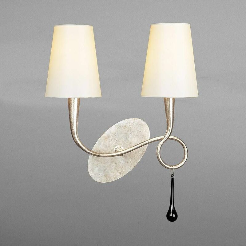 09diyas - Paola wall light with switch 2 bulbs E14, painted silver with cream shade & black glass droplets