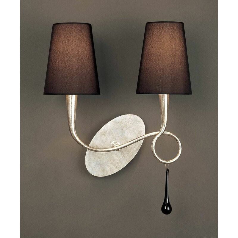 09diyas - Paola wall light with switch 2 Bulbs E14, silver painted with black lampshades & black glass droplets