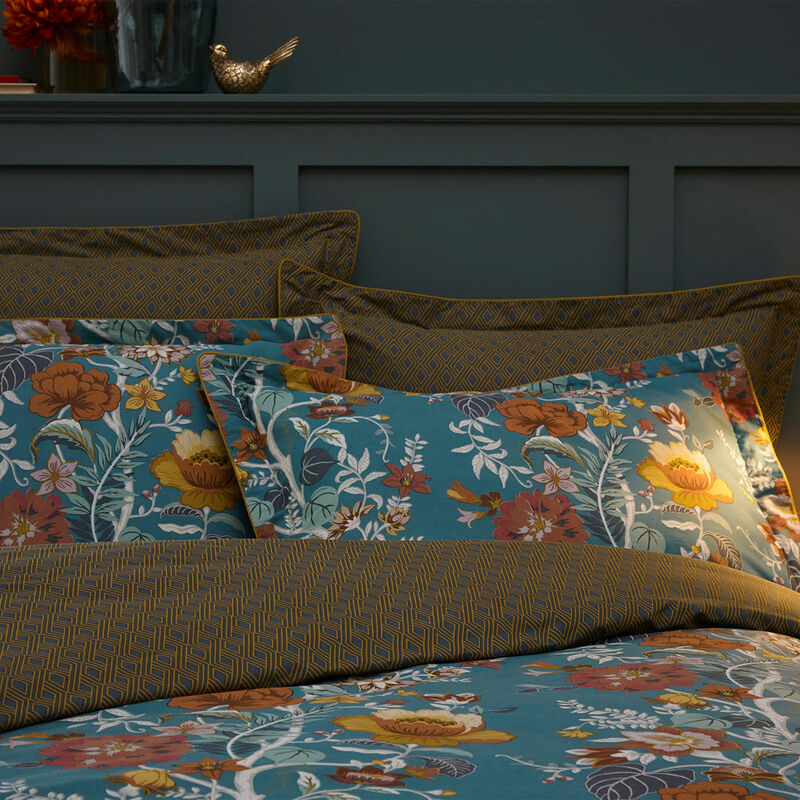 Bloom Floral Print 100% Cotton Sateen 200 Thread Count Oxford Pillow Case, Teal, Pair - Paoletti