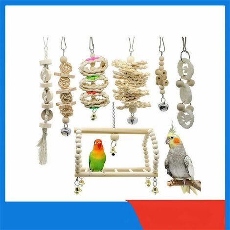 Papagei Vogel natürliches Holzspielzeug Kauspielzeug Vogelkäfig Hängespielzeug Schaukel Hängematte Leiter 7 Stück Holzfarbe
