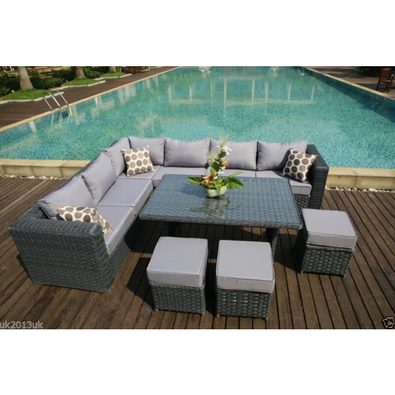 PAPAVER RANGE 9 Seater PE Rattan Corner Grey Sofa & Dining Set Garden