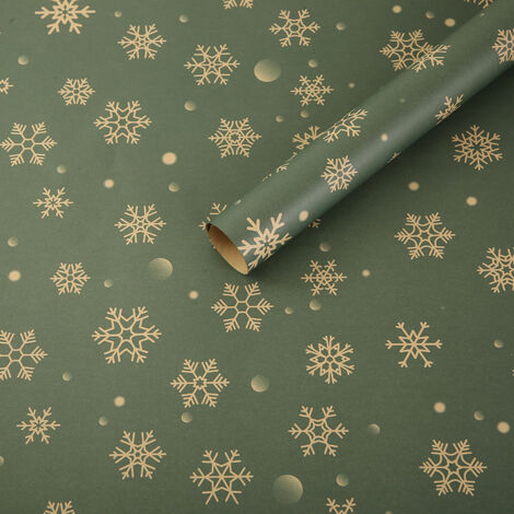 Papel kraft para regalo navideño, 75 x 50 cm, ecológico, estampado de copos de nieve verdes, 5 unidades