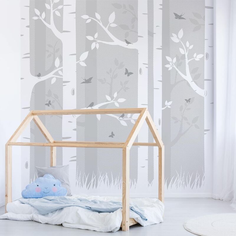 

Papel pintado adhesivo - Birch Forest With Butterflies And Birds - Mural cuadrado Dimensión LxA: 240cm x 240cm