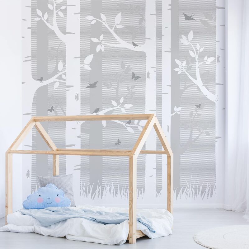 

Papel pintado adhesivo - Birch Forest With Butterflies And Birds - Mural cuadrado Dimensión LxA: 192cm x 192cm