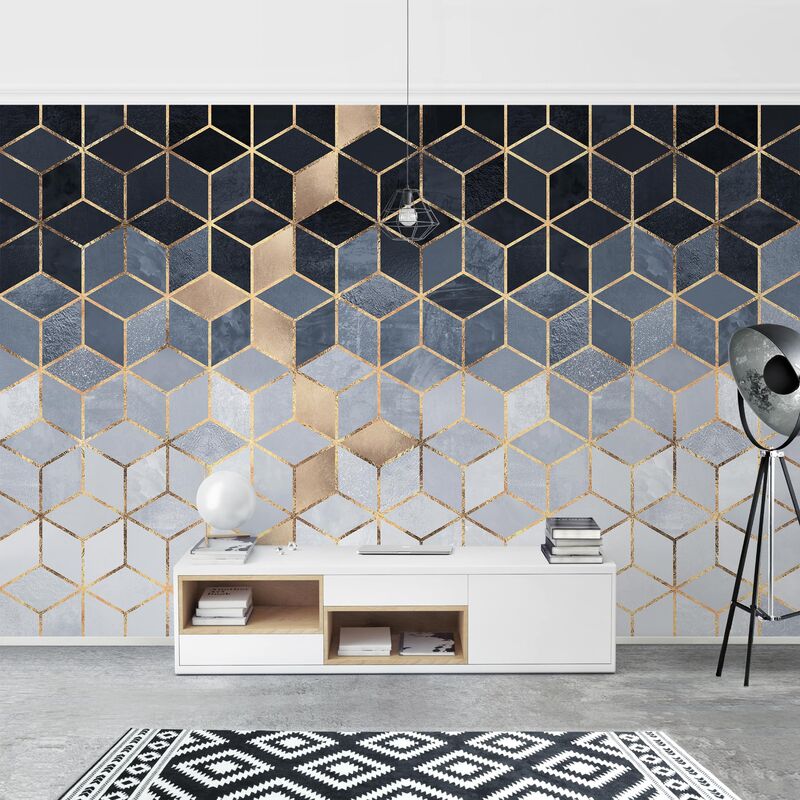 

Papel pintado adhesivo - Blue White Golden Geometry - Mural apaisado Dimensión LxA: 320cm x 480cm