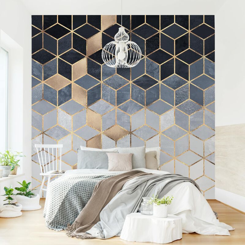 

Papel pintado adhesivo - Blue White Golden Geometry - Mural cuadrado Dimensión LxA: 240cm x 240cm