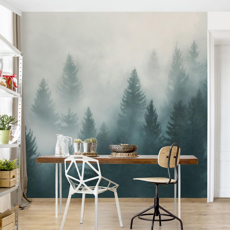 

Papel pintado adhesivo - Coniferous Forest In Fog - Mural cuadrado Dimensión LxA: 336cm x 336cm