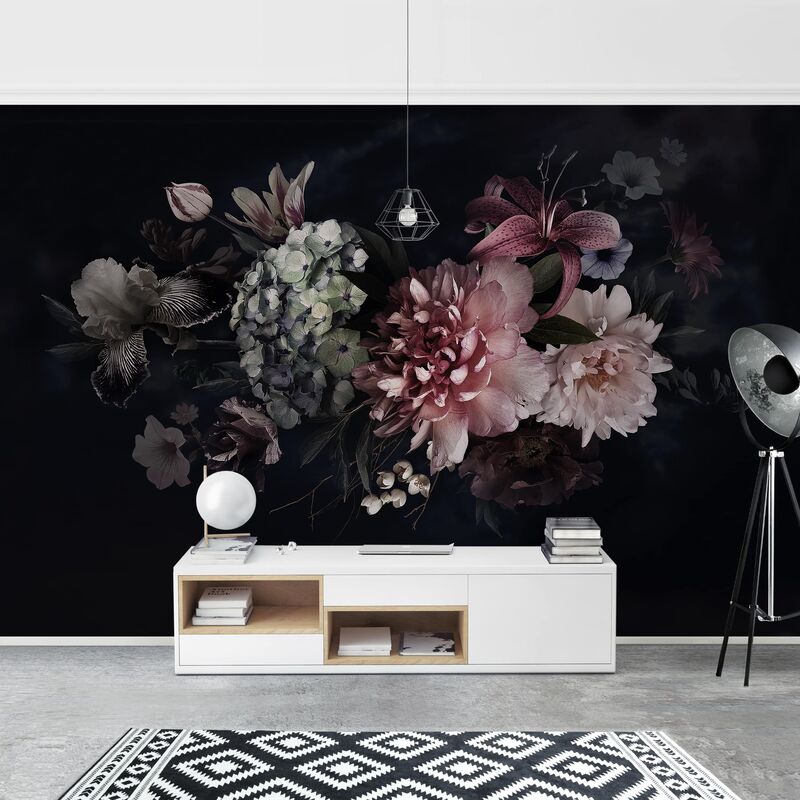 

Papel pintado adhesivo - Flowers With Fog On Black - Mural apaisado Dimensión LxA: 290cm x 432cm