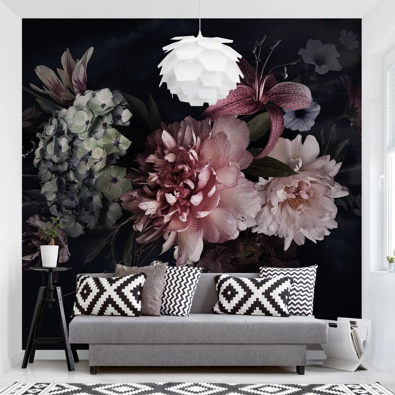 

Papel pintado adhesivo - Flowers With Fog On Black - Mural cuadrado Dimensión LxA: 192cm x 192cm