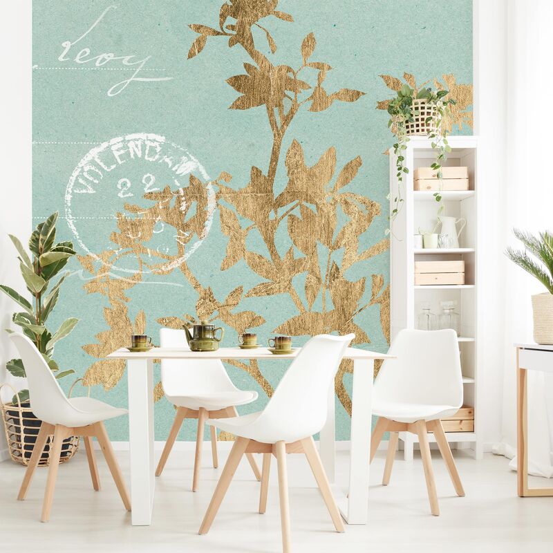 

Papel pintado adhesivo - Golden Leaves On Turquoise Ii - Mural cuadrado Dimensión LxA: 240cm x 240cm