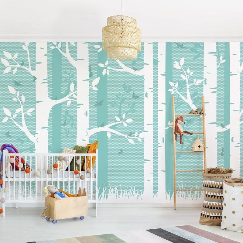 

Papel pintado adhesivo - Green Birch Forest With Butterflies And Birds - Mural apaisado Dimensión LxA: 255cm x 384cm