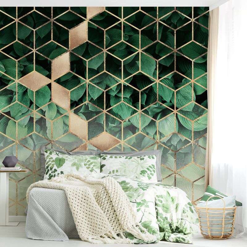 

Papel pintado adhesivo - Green Leaves Golden Geometry - Mural cuadrado Dimensión LxA: 336cm x 336cm