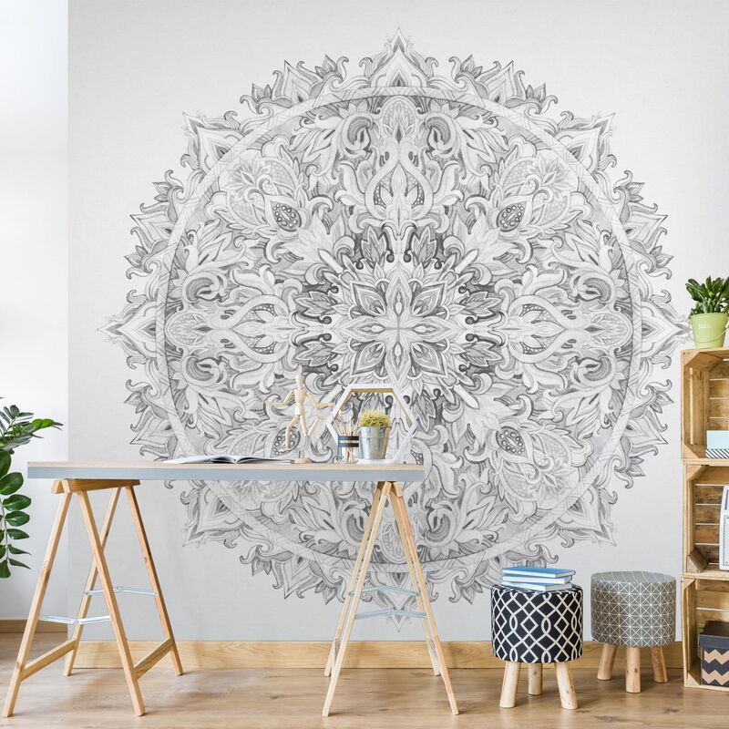 

Papel pintado adhesivo - Mandala Watercolor Ornament Black - Mural cuadrado Dimensión LxA: 336cm x 336cm