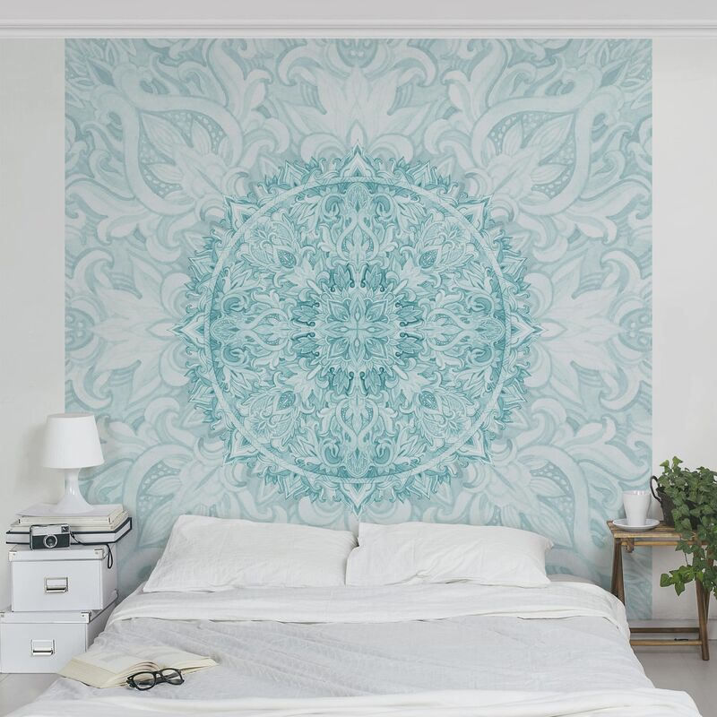 

Papel pintado adhesivo - Mandala Watercolor Ornament Turquoise - Mural cuadrado Dimensión LxA: 288cm x 288cm