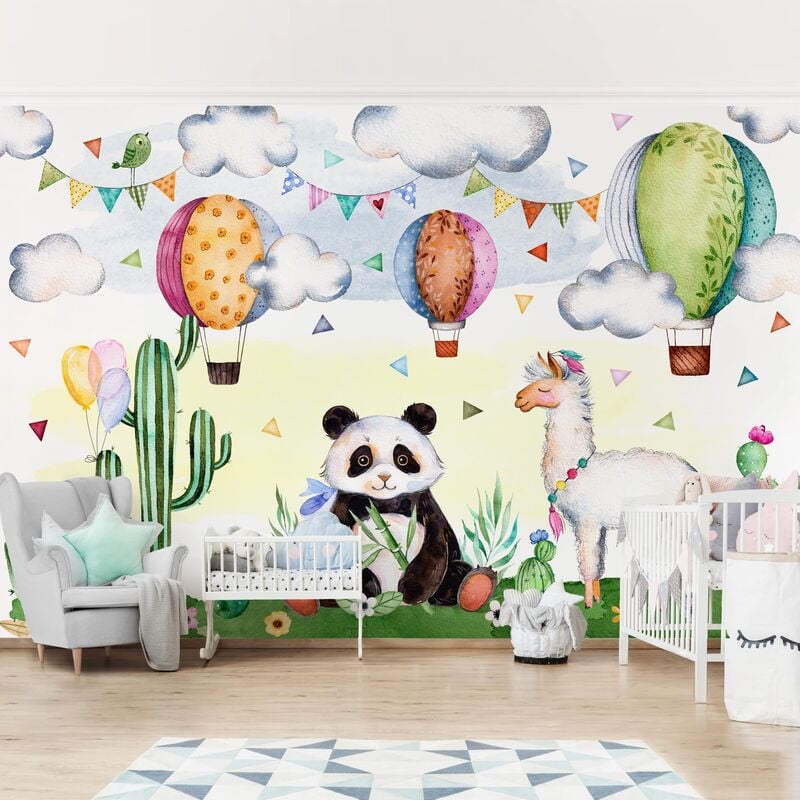 

Papel pintado adhesivo - Panda And Lama Watercolor - Mural apaisado Dimensión LxA: 225cm x 336cm