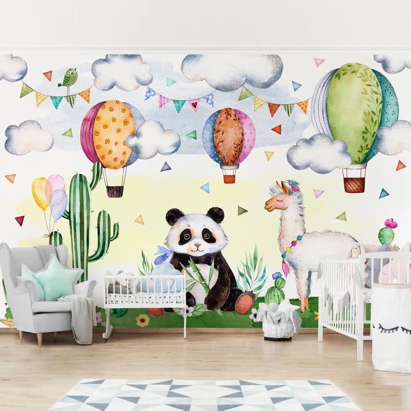 

Papel pintado adhesivo - Panda And Lama Watercolor - Mural apaisado Dimensión LxA: 255cm x 384cm