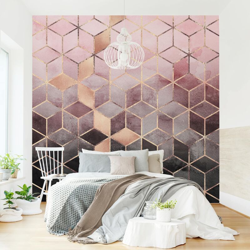 

Papel pintado adhesivo - Pink Gray Golden Geometry - Mural cuadrado Dimensión LxA: 192cm x 192cm