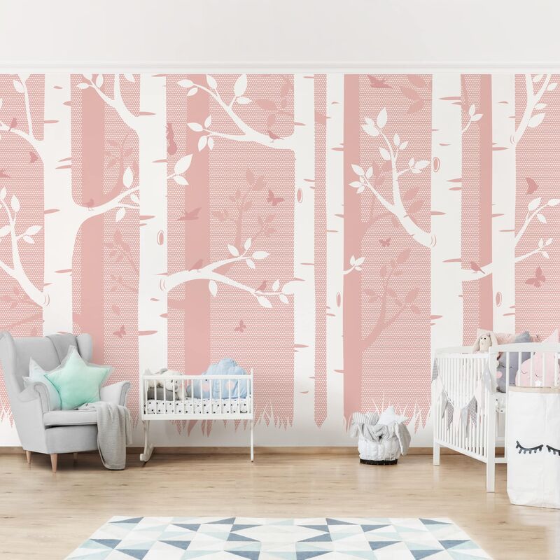 

Papel pintado adhesivo - Rosa Birch Forest With Butterflies And Birds - Mural apaisado Dimensión LxA: 225cm x 336cm