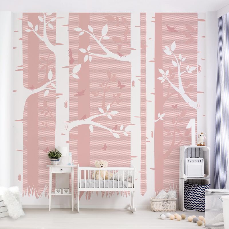 

Papel pintado adhesivo - Rosa Birch Forest With Butterflies And Birds - Mural cuadrado Dimensión LxA: 336cm x 336cm