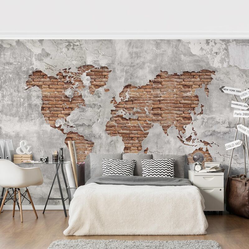 

Papel pintado adhesivo - Shabby Concrete Brick World Map - Mural apaisado Dimensión LxA: 255cm x 384cm