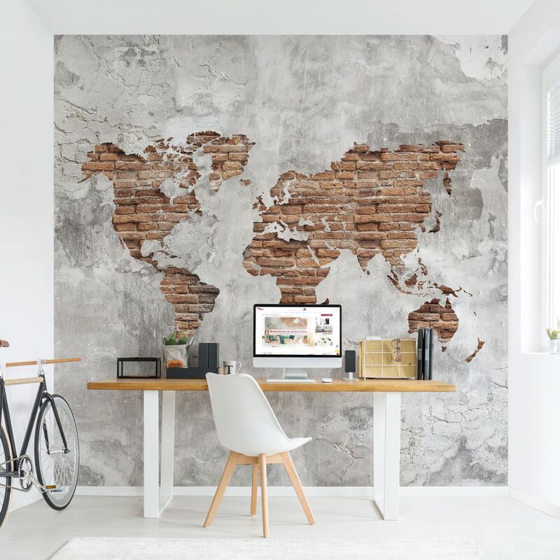 

Papel pintado adhesivo - Shabby Concrete Brick World Map - Mural cuadrado Dimensión LxA: 192cm x 192cm