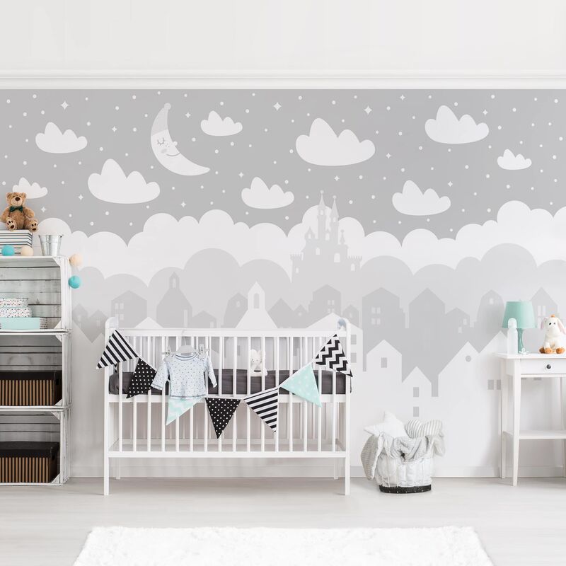 

Papel pintado adhesivo - Starry Sky With Houses And Moon In Gray - Mural apaisado Dimensión LxA: 225cm x 336cm