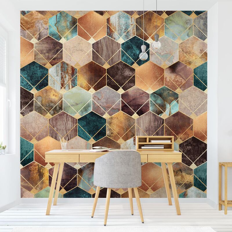 

Papel pintado adhesivo - Turquoise Geometry Golden Art Deco - Mural cuadrado Dimensión LxA: 288cm x 288cm