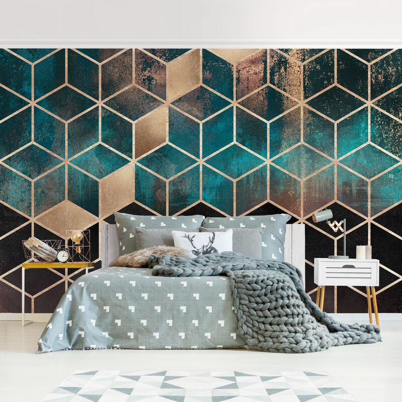 

Papel pintado adhesivo - Turquoise Rose Golden Geometry - Mural apaisado Dimensión LxA: 190cm x 288cm
