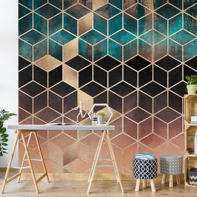 

Papel pintado adhesivo - Turquoise Rose Golden Geometry - Mural cuadrado Dimensión LxA: 240cm x 240cm