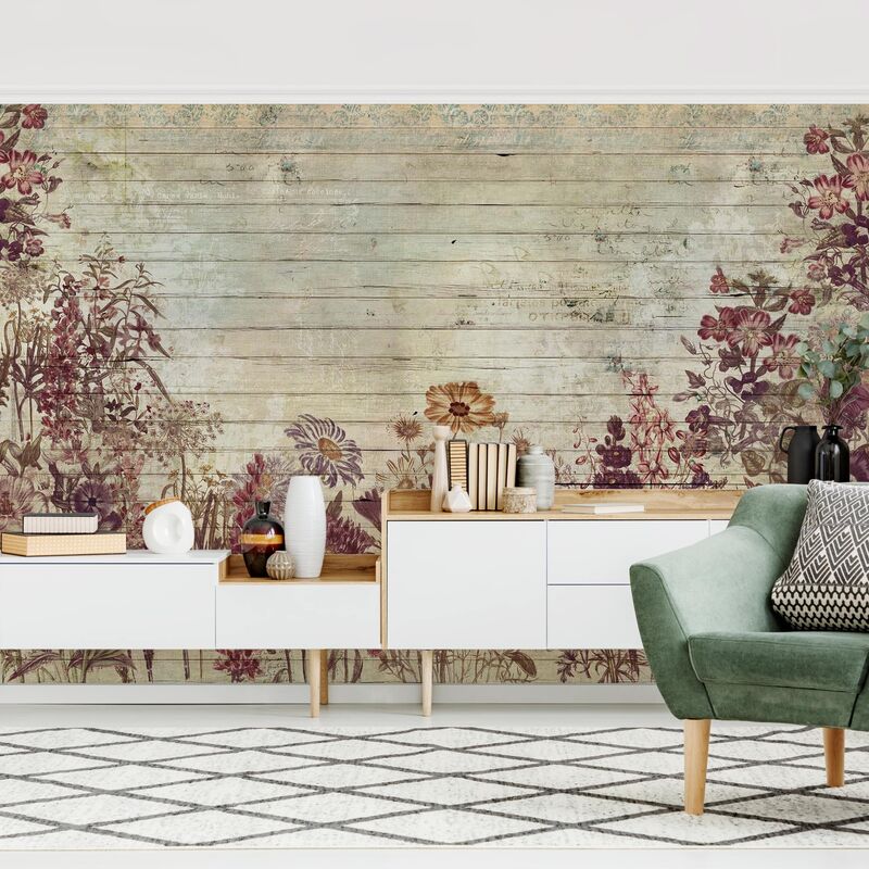 

Papel pintado adhesivo - Vintage Floral Wood Look - Mural apaisado Dimensión LxA: 255cm x 384cm