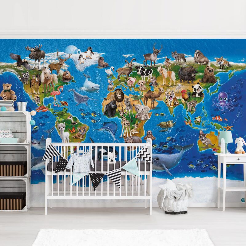 

Papel pintado adhesivo - World Map With Animals - Mural apaisado Dimensión LxA: 320cm x 480cm