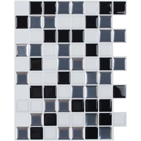 Papel pintado autoadhesivo para azulejos en blanco y negro de 25 x 20 cm, estilo mosaico, impermeable, decorativo, para azulejos de baño y cocina.