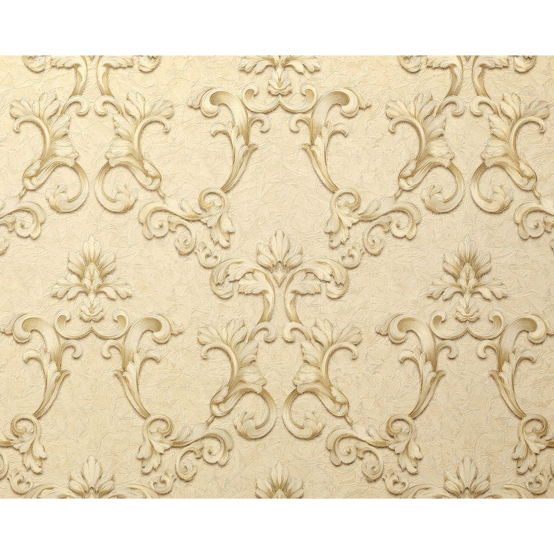 

Papel pintado barroco 9085-21 papel pintado vinílico estampado en caliente con dorso textil gofrado con ornamentos florales 3D efecto satinado crema