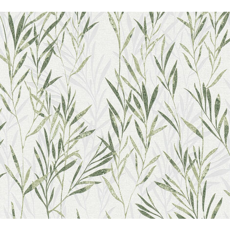 Papel pintado floral Profhome 367123 papel pintado no tejido ligeramente texturado con ornamentos florales mate verde blanco 5,33 m2 - verde