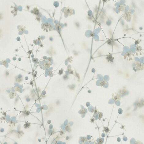 Papel pintado floral Profhome 387262 papel pintado vinílico estampado en caliente tejido non tejido liso con dibujo floral mate azul gris-claro blanco crema 5,33 m2