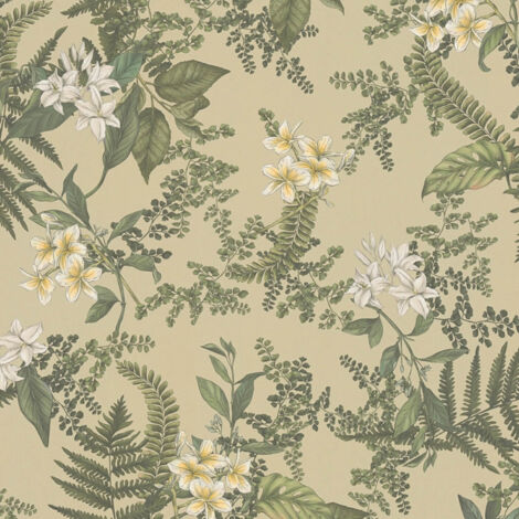 Papel pintado floral Profhome 394241 papel pintado vinílico estampado en caliente tejido non tejido ligeramente texturado con ornamentos florales mate verde blanco amarillo 5,33 m2