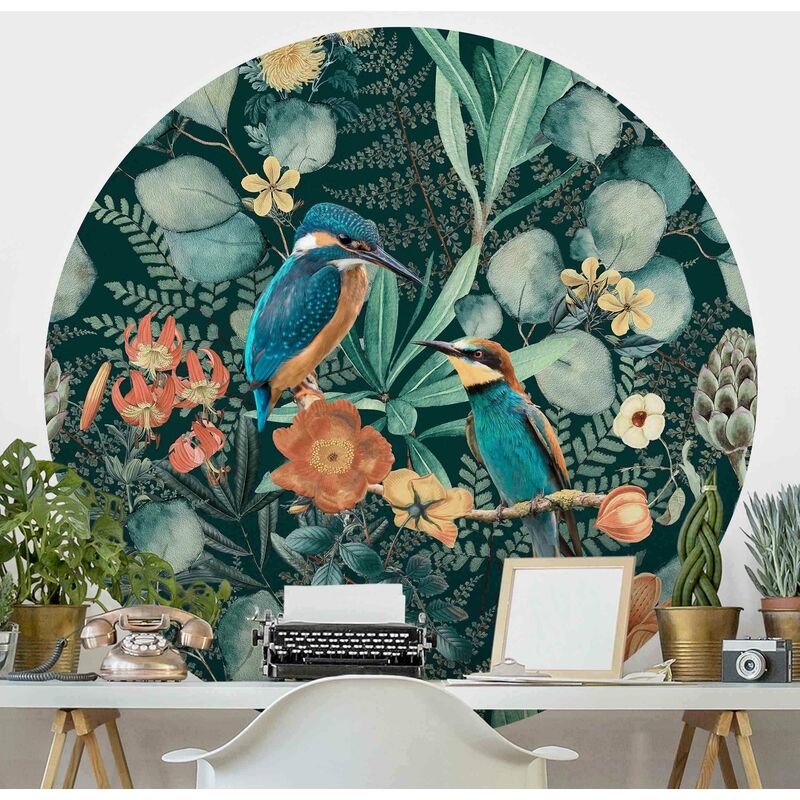 

Papel pintado redondo autoadhesivo - Floral Paradise Kingfisher And Hummingbird Dimensión LxA: 150cm x 150cm Material: Vellón autoadhesivo