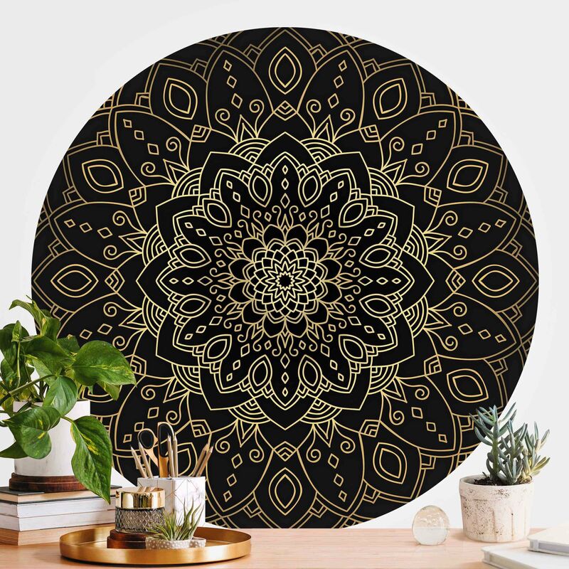 

Papel pintado redondo autoadhesivo - Mandala Flower Pattern Gold Black Dimensión LxA: 175cm x 175cm