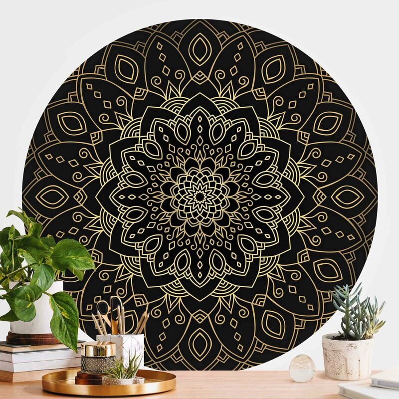 

Papel pintado redondo autoadhesivo - Mandala Flower Pattern Gold Black Dimensión LxA: 50cm x 50cm