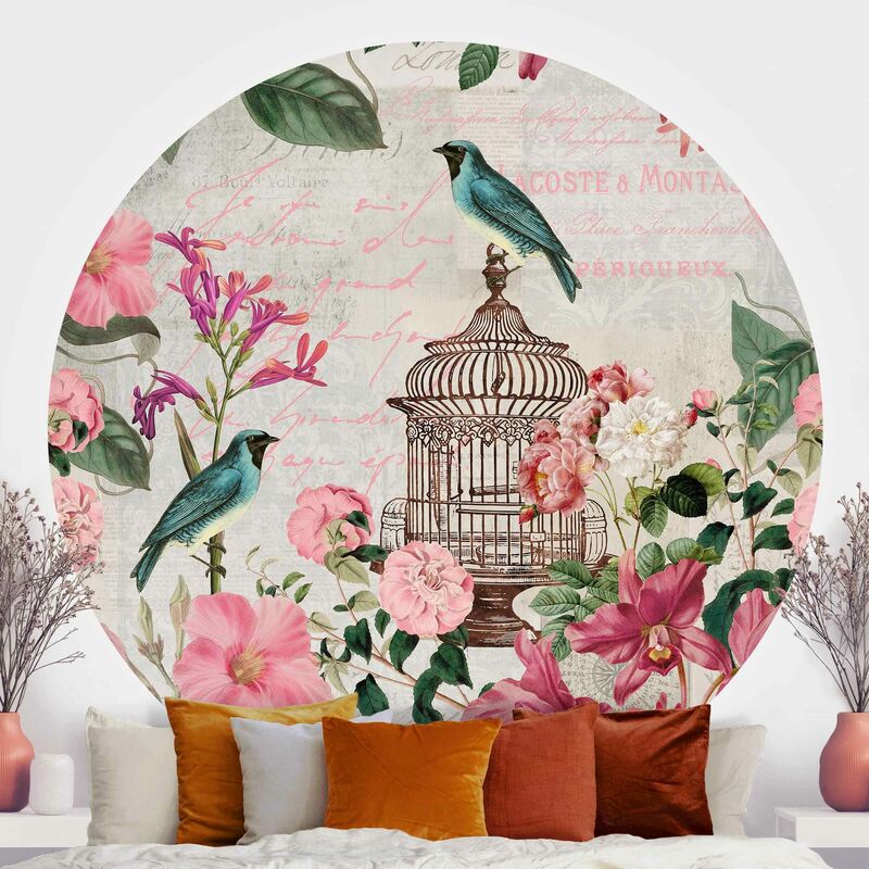 

Papel pintado redondo autoadhesivo - Shabby Chic Collage - Pink Flowers And Blue Birds Dimensión LxA: 122cm x 122cm