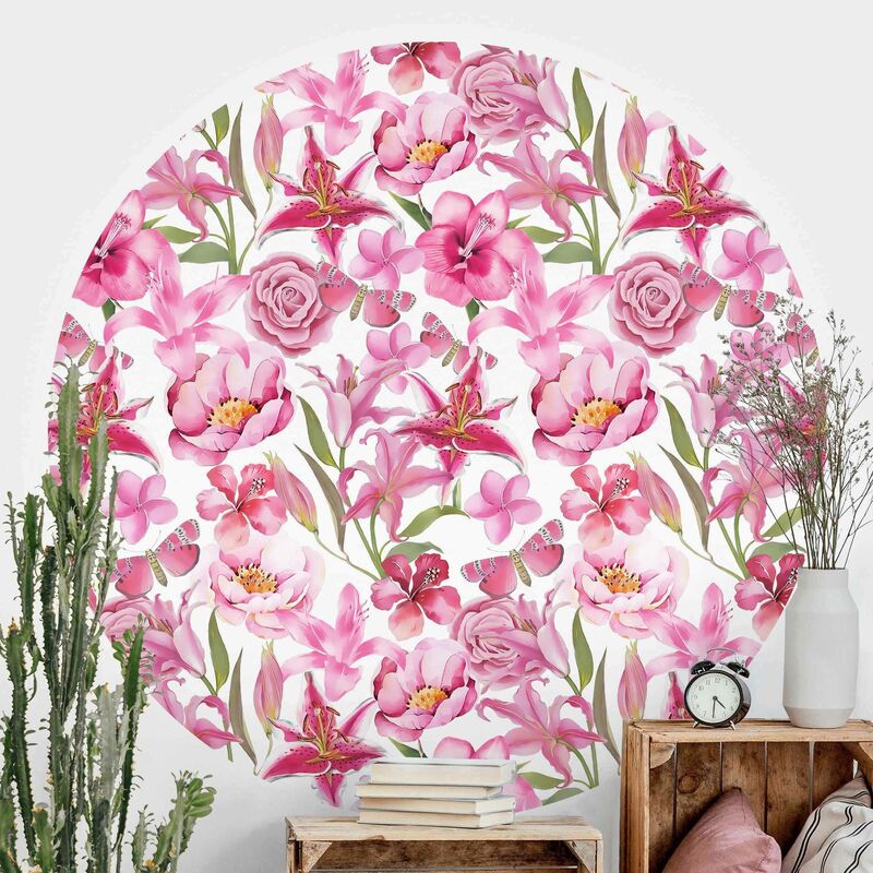 

Papel pintado redondo autoadhesivo - Pink Flowers With Butterflies Dimensión LxA: 75cm x 75cm