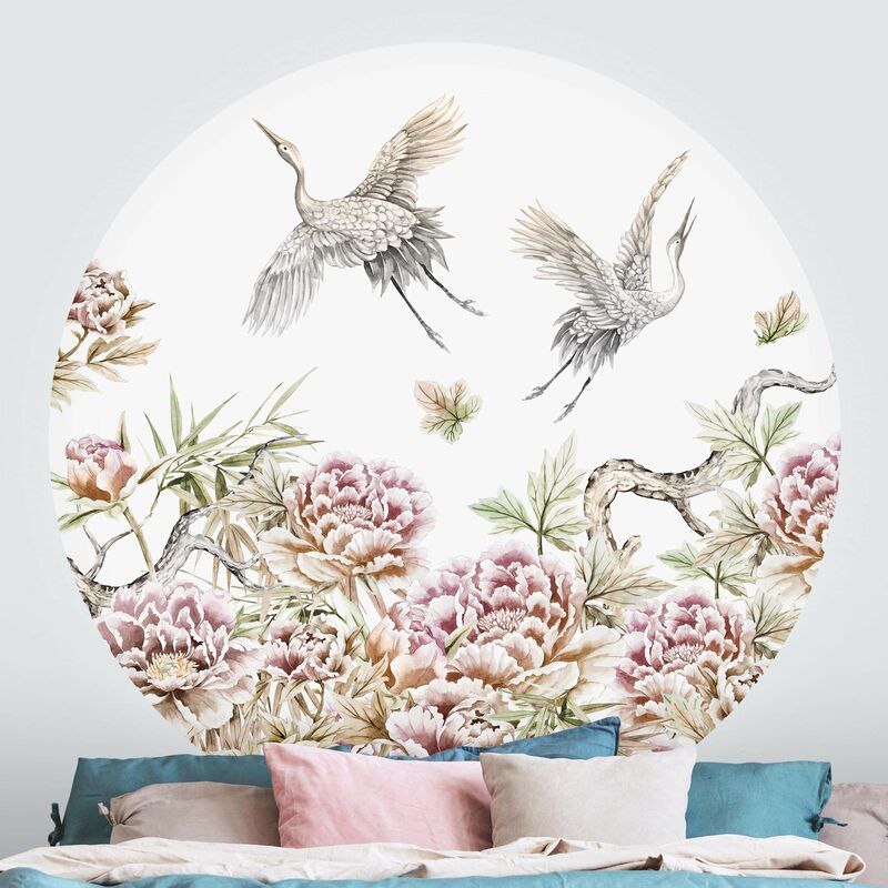

Papel pintado redondo autoadhesivo - Watercolor Storks In Flight With Roses Dimensión LxA: 150cm x 150cm
