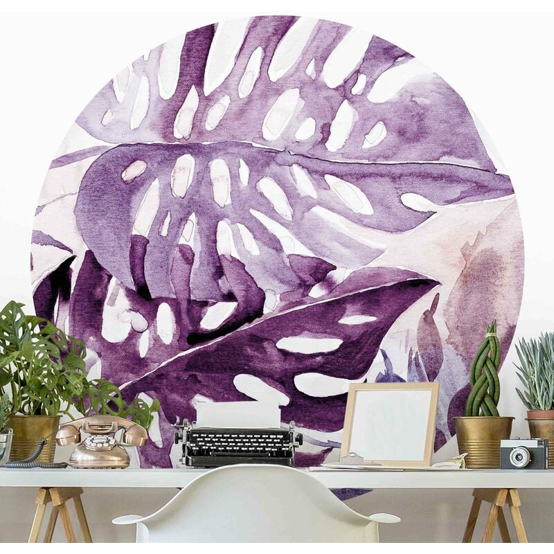 

Papel pintado redondo autoadhesivo - Watercolor Tropical Leaves With Monstera In Aubergine Dimensión LxA: 200cm x 200cm