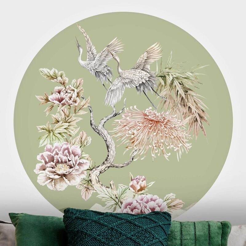

Papel pintado redondo autoadhesivo - Watercolor Storks In Flight With Flowers On Green Dimensión LxA: 200cm x 200cm
