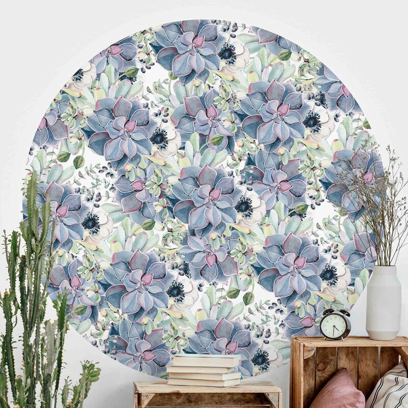 

Papel pintado redondo autoadhesivo - Watercolor Succulents And Anemones Pattern Dimensión LxA: 225cm x 225cm