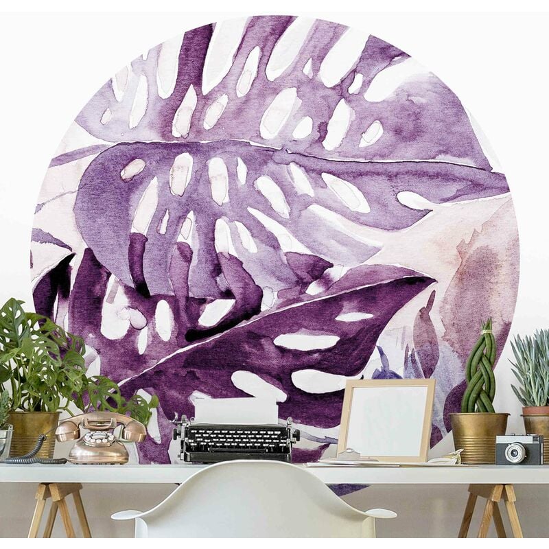 

Papel pintado redondo autoadhesivo - Watercolor Tropical Leaves With Monstera In Aubergine Dimensión LxA: 150cm x 150cm