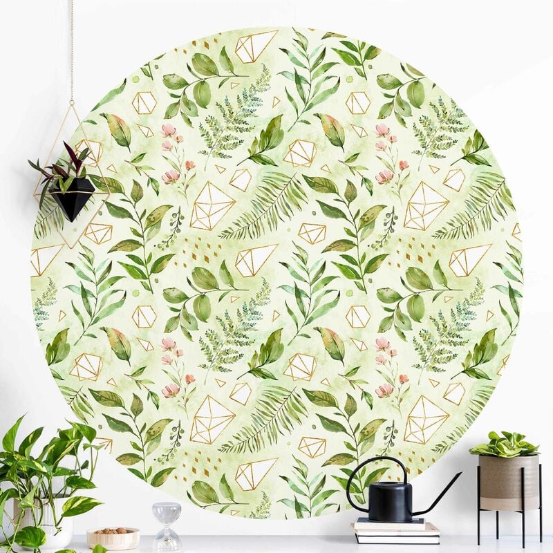 

Papel pintado redondo autoadhesivo - Watercolor Leaves With Golden Crystals Dimensión LxA: 50cm x 50cm