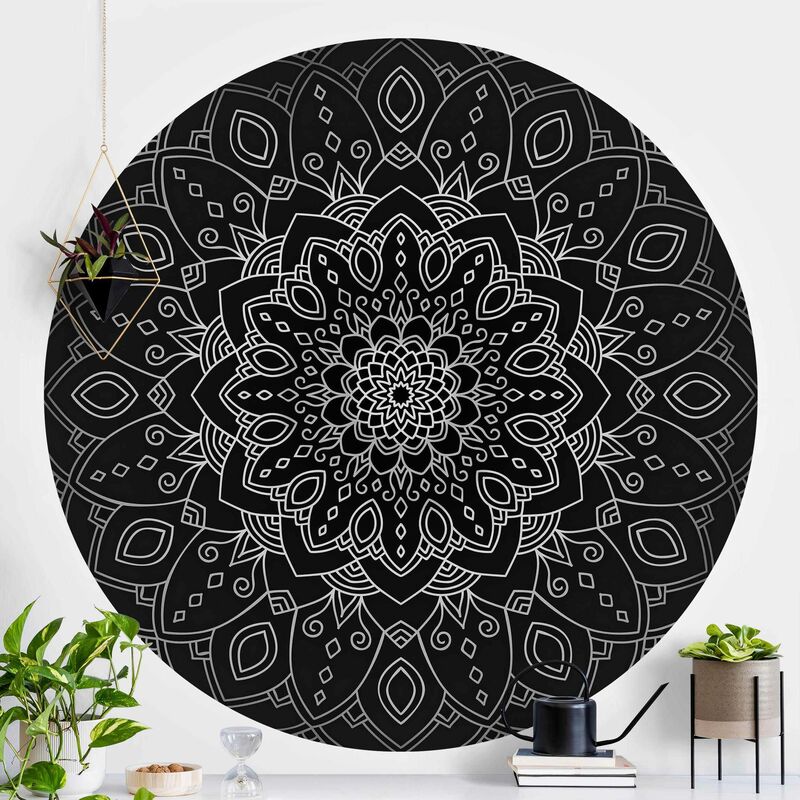 

Papel pintado redondo autoadhesivo - Mandala Flower Pattern Silver Black Dimensión LxA: 200cm x 200cm