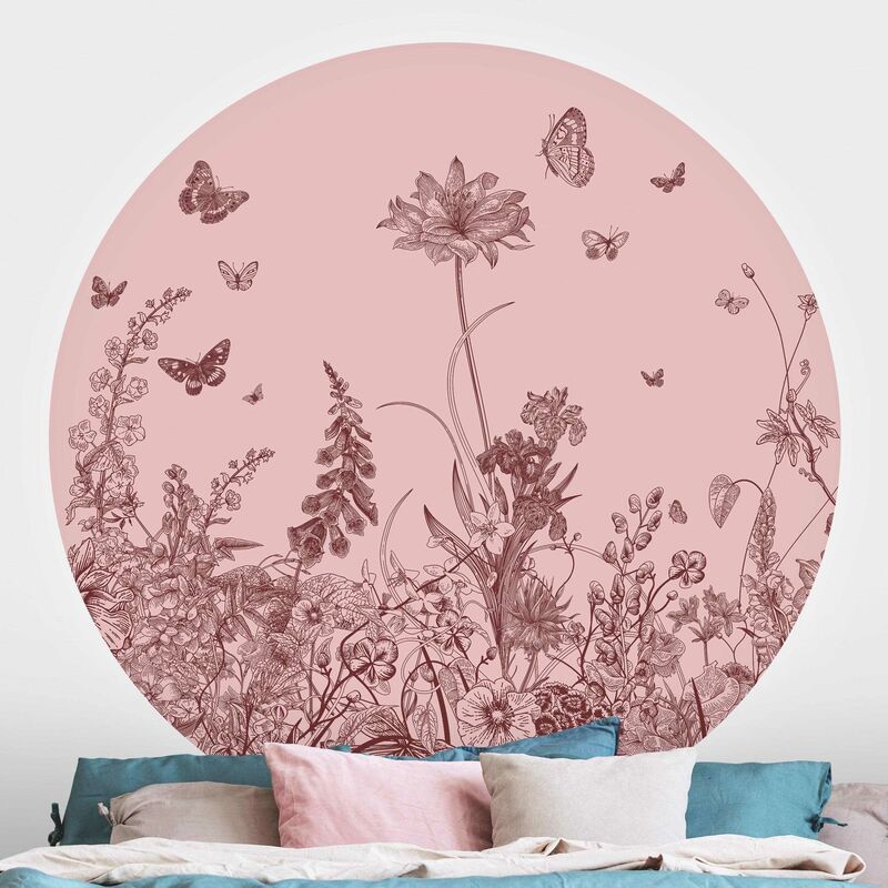 

Papel pintado redondo autoadhesivo - Large Flowers With Butterflies On Pink Dimensión LxA: 122cm x 122cm