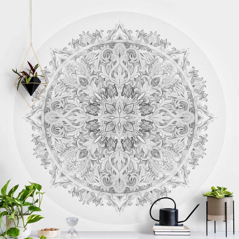 

Papel pintado redondo autoadhesivo - Mandala Watercolor Ornament Black And White Dimensión LxA: 244cm x 244cm